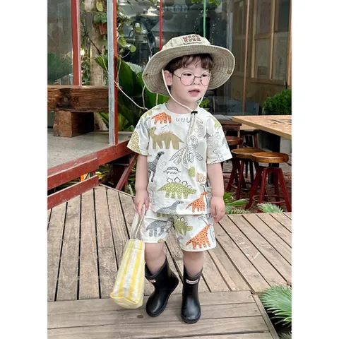 Quần áo bé trai, set bộ cộc tay chất cotton hoạ tiết khủng long cho bé từ 9-26kg
