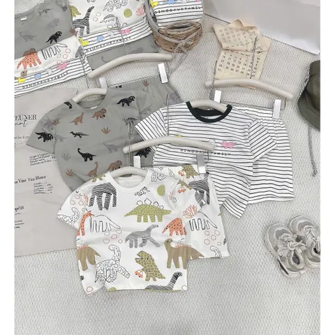 Quần áo bé trai, set bộ cộc tay chất cotton hoạ tiết khủng long cho bé từ 9-26kg