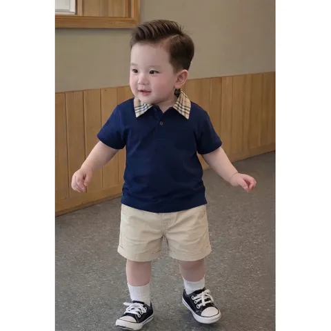 Quần áo bé trai, set bộ áo polo cổ kẻ sang trọng và quần short kaki mềm mại cho bé 9-25kg