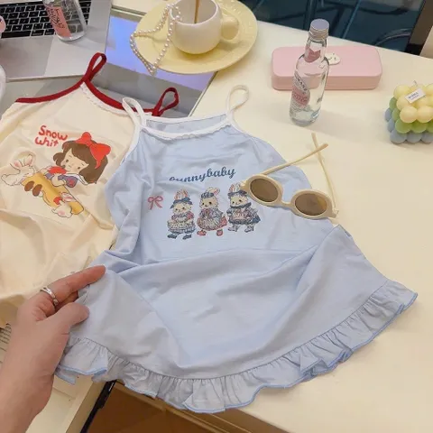 Váy cho bé gái, Váy 2 dây bé gái cotton mềm mát họa tiết nàng Bạch Tuyết dễ thương cho bé 8-25kg