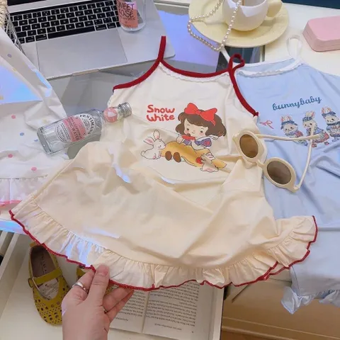 Váy cho bé gái, Váy 2 dây bé gái cotton mềm mát họa tiết nàng Bạch Tuyết dễ thương cho bé 8-25kg