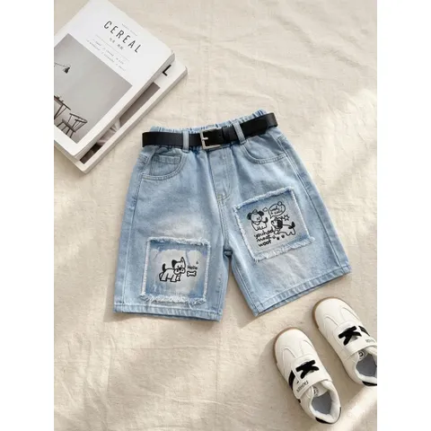Quần đùi bé trai, quần short jean thêu đắp hình cún dễ thương cho bé size 10-35kg