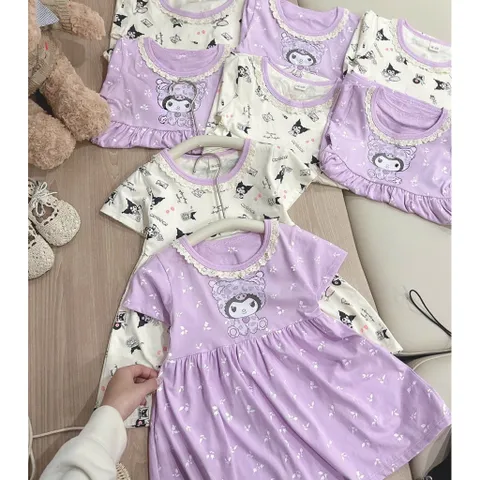 Váy cho bé gái, váy cotton dáng babydoll hoạ tiết Kuromi cho bé 9-26kg