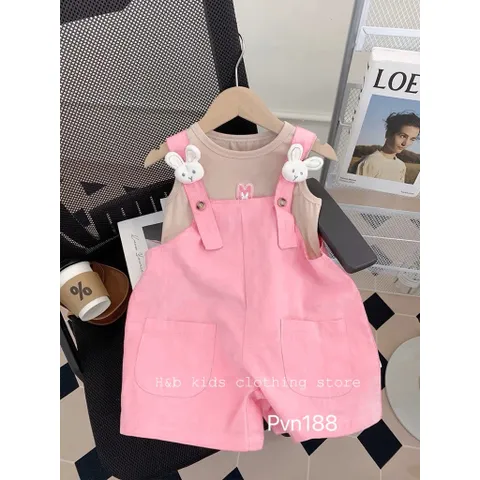 Quần yếm bé gái, set quần yếm kaki tai thỏ kèm áo cotton ba lỗ dễ thương cho bé