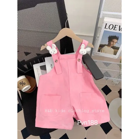 Quần yếm bé gái, set quần yếm kaki tai thỏ kèm áo cotton ba lỗ dễ thương cho bé