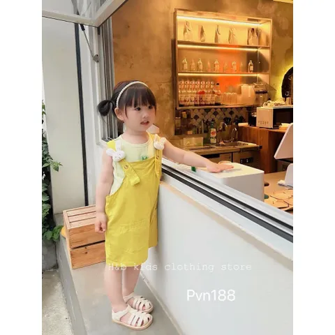 Quần yếm bé gái, set quần yếm kaki tai thỏ kèm áo cotton ba lỗ dễ thương cho bé