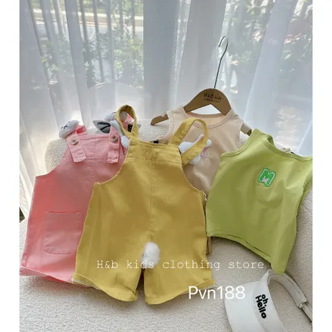 Quần yếm bé gái, set quần yếm kaki tai thỏ kèm áo cotton ba lỗ dễ thương cho bé