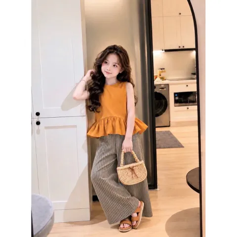 Quần áo bé gái, set áo sát nách nấu cam dáng xoè quần suông kẻ sọc cho bé 10-30kg