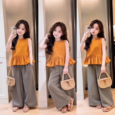 Quần áo bé gái, set áo sát nách nấu cam dáng xoè quần suông kẻ sọc cho bé 10-30kg
