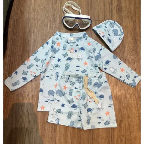 Đồ bơi bé trai, set đồ bơi 3ct: áo dài tay, quàn đùi và mũ bơi hoạ tiết động vật biển cho bé 7-24kg