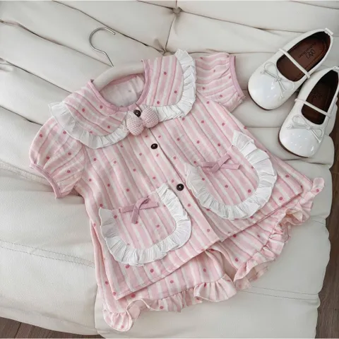 Bộ đồ ngủ bé gái, Pijama tiểu thư chất đũi lụa mềm mát tone màu hồng Pastel cho bé 9-26kg