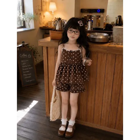 Quàn áo bé gái, set bộ bé gái áo 2 dây đũi chấm bi kèm quần short đùi phong cách Hàn Quốc ( Size 10-30kg)