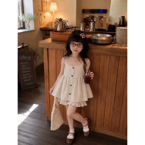 Quàn áo bé gái, set bộ bé gái áo 2 dây đũi chấm bi kèm quần short đùi phong cách Hàn Quốc ( Size 10-30kg)