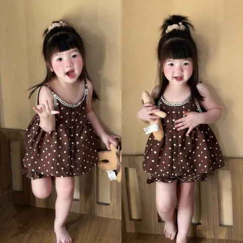 Quàn áo bé gái, set bộ bé gái áo 2 dây đũi chấm bi kèm quần short đùi phong cách Hàn Quốc ( Size 10-30kg)