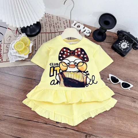Đồ bộ bé gái cộc tay, set bộ quần áo cộc tay cotton viền bèo hoạ tiết chú vịt cho bé 13-40kg