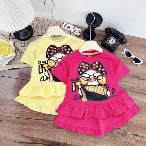 Đồ bộ bé gái cộc tay, set bộ quần áo cộc tay cotton viền bèo hoạ tiết chú vịt cho bé 13-40kg