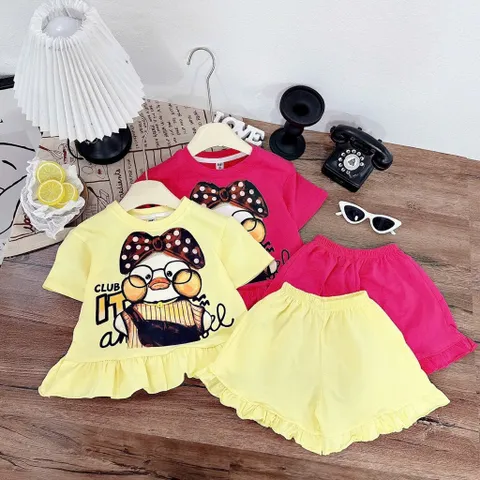Đồ bộ bé gái cộc tay, set bộ quần áo cộc tay cotton viền bèo hoạ tiết chú vịt cho bé 13-40kg