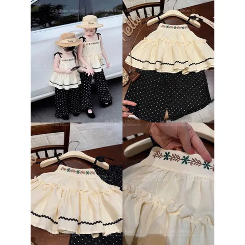 Quần áo bé gái, set bộ áo 2 dây đũi kèm quần suông chấm bi cho bé 10-30kg