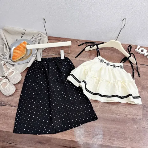 Quần áo bé gái, set bộ áo 2 dây đũi kèm quần suông chấm bi cho bé 10-30kg