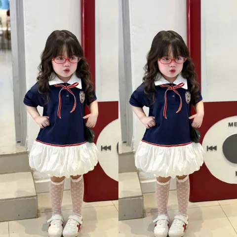 Váy bé gái, váy polo thêu huy hiệu sang chảnh cho bé 10-35kg