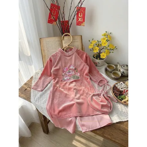Áo dài cách tân cho bé gái, set 3ct áo nhung mềm thêu đoá sen kèm quần lụa và túi vải cho bé 10-30kg
