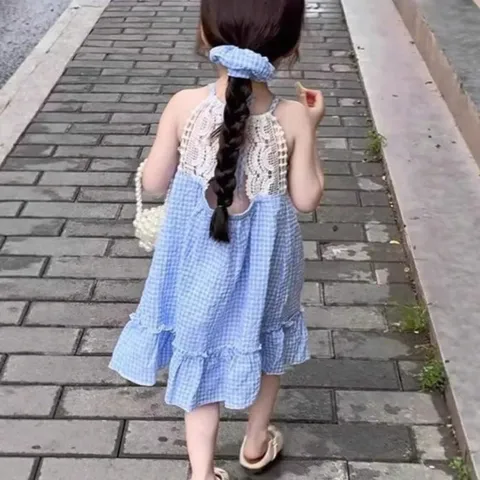 Váy cho bé gái, váy 2 dây maxi caro xanh dương phối ren nhẹ nhàng cho bé 10-30kg