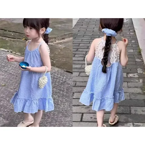 Váy cho bé gái, váy 2 dây maxi caro xanh dương phối ren nhẹ nhàng cho bé 10-30kg