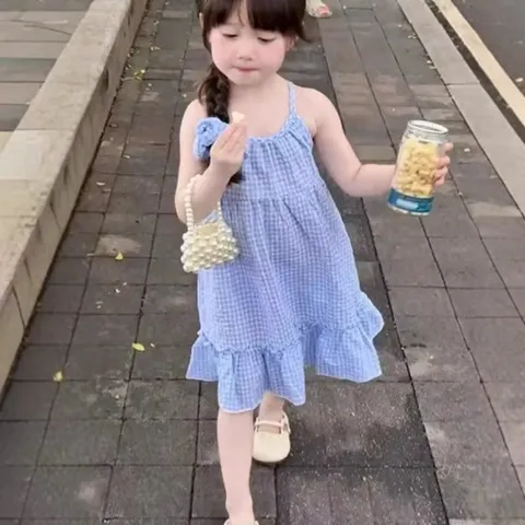 Váy cho bé gái, váy 2 dây maxi caro xanh dương phối ren nhẹ nhàng cho bé 10-30kg