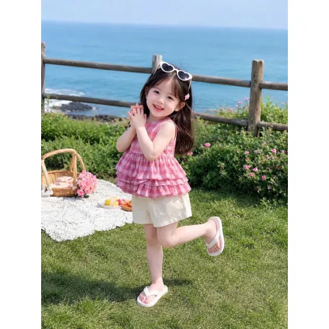 Quần áo bé gái, set áo thô kẻ Peplum 2 tấng kèm quần short đùi cho bé 10-30kg