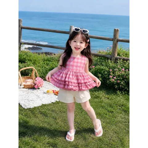 Quần áo bé gái, set áo thô kẻ Peplum 2 tấng kèm quần short đùi cho bé 10-30kg