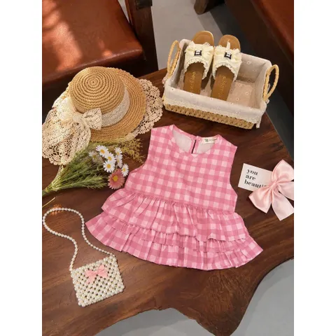 Quần áo bé gái, set áo thô kẻ Peplum 2 tấng kèm quần short đùi cho bé 10-30kg
