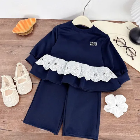 Quần áo dài tay bé gái, set bộ thu đông chất nỉ vạt áo phối ren thô boi kèm quần ống suông cho bé 10-30kg