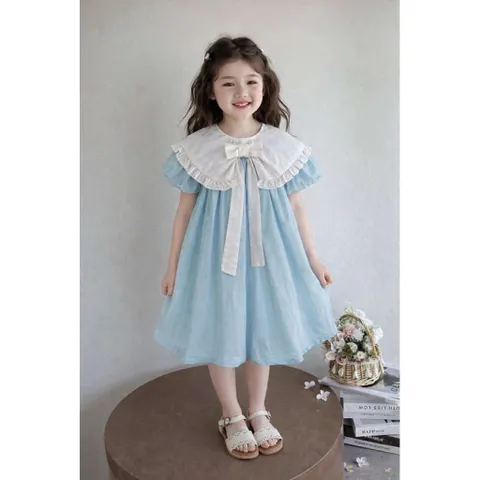 Váy bé gái thô xanh dương cổ bản rộng tiểu thư sang chảnh – Váy bé gái mềm mát size 10-30kg