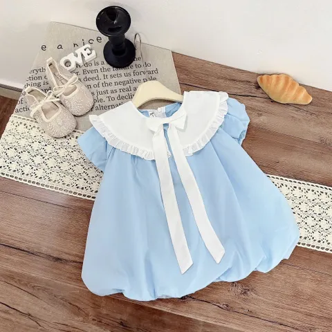 Váy bé gái thô xanh dương cổ bản rộng tiểu thư sang chảnh – Váy bé gái mềm mát size 10-30kg