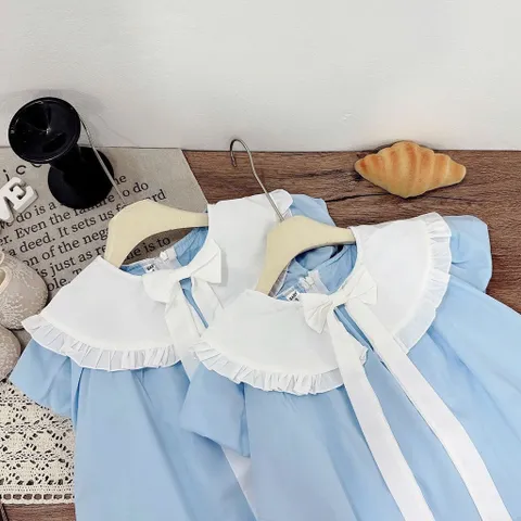 Váy bé gái thô xanh dương cổ bản rộng tiểu thư sang chảnh – Váy bé gái mềm mát size 10-30kg