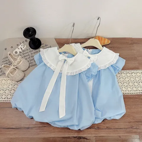 Váy bé gái thô xanh dương cổ bản rộng tiểu thư sang chảnh – Váy bé gái mềm mát size 10-30kg