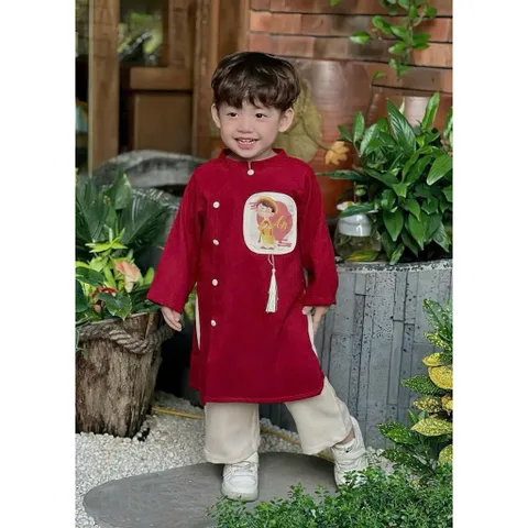Áo dài cách tân cho bé, set áo dài nhung lì thêu đắp chữ “ An” kèm quần lụa cho bé trai 10-30kg