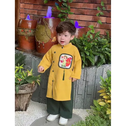 Áo dài cách tân cho bé, set áo dài nhung lì thêu đắp chữ “ An” kèm quần lụa cho bé trai 10-30kg