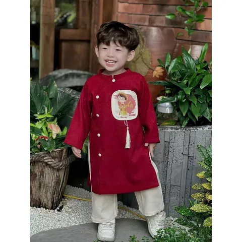 Áo dài cách tân cho bé, set áo dài nhung lì thêu đắp chữ “ An” kèm quần lụa cho bé trai 10-30kg