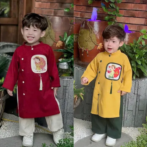 Áo dài cách tân cho bé, set áo dài nhung lì thêu đắp chữ “ An” kèm quần lụa cho bé trai 10-30kg