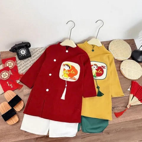 Áo dài cách tân cho bé, set áo dài nhung lì thêu đắp chữ “ An” kèm quần lụa cho bé trai 10-30kg