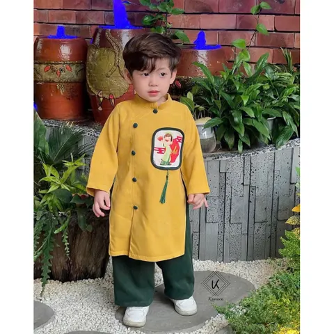 Áo dài cách tân cho bé, set áo dài nhung lì thêu đắp chữ “ An” kèm quần lụa cho bé trai 10-30kg