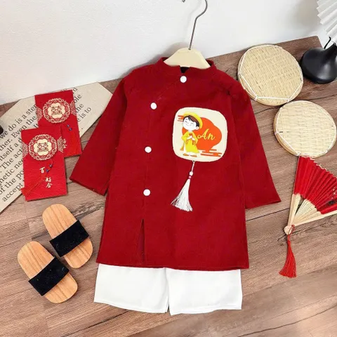 Áo dài cách tân cho bé, set áo dài nhung lì thêu đắp chữ “ An” kèm quần lụa cho bé trai 10-30kg