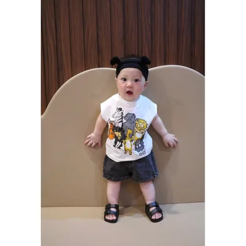 Quần áo bé trai, set bộ áo cotton tay hến họa tiết động vật kèm quần short jean cho bé 9-25kg