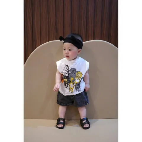 Quần áo bé trai, set bộ áo cotton tay hến họa tiết động vật kèm quần short jean cho bé 9-25kg