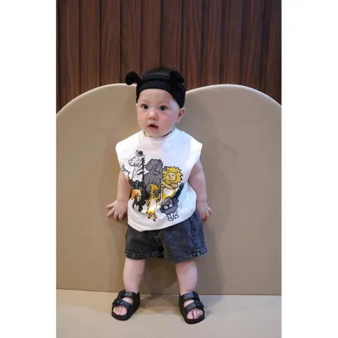 Quần áo bé trai, set bộ áo cotton tay hến họa tiết động vật kèm quần short jean cho bé 9-25kg