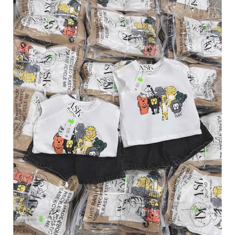 Quần áo bé trai, set bộ áo cotton tay hến họa tiết động vật kèm quần short jean cho bé 9-25kg