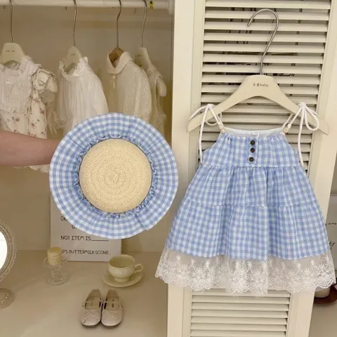 Váy cho bé gái, set váy 2 dây caro xanh kèm mũ vành xinh xắn, mát mẻ cho bé 10-30kg