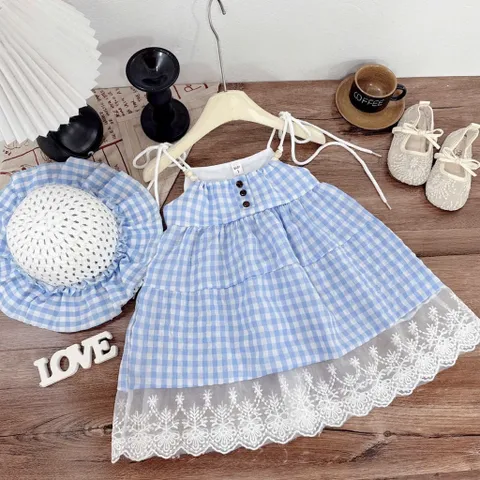 Váy cho bé gái, set váy 2 dây caro xanh kèm mũ vành xinh xắn, mát mẻ cho bé 10-30kg