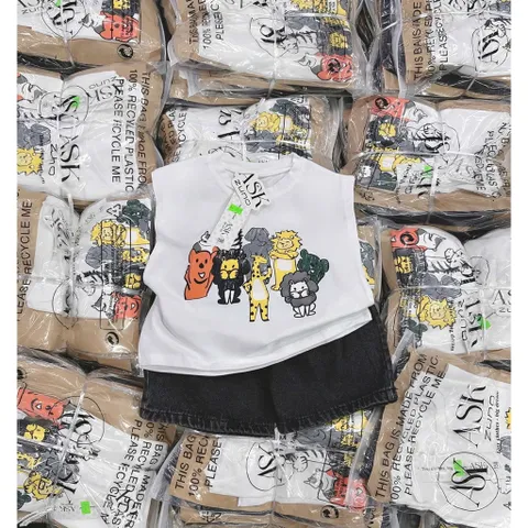 Quần áo bé trai, set bộ áo cotton tay hến họa tiết động vật kèm quần short jean cho bé 9-25kg